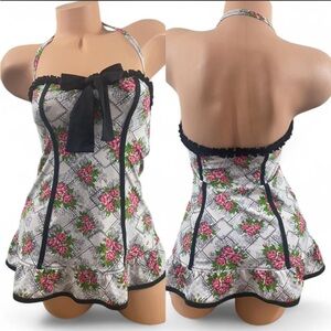 Betsey Johnson Swimsuit Dress Gypsy Rose Black Pink White Green Floral Ruffle S